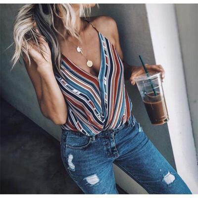 

US Women Sleeveless Summer Stripe Vest Top T Shirt Blouse Pure Color Casual Tank
