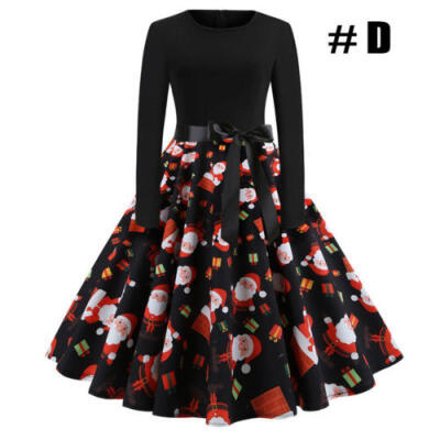 

US Women Vintage Christmas Print Swing Dress Lady Long Sleeve Party Skater Dress