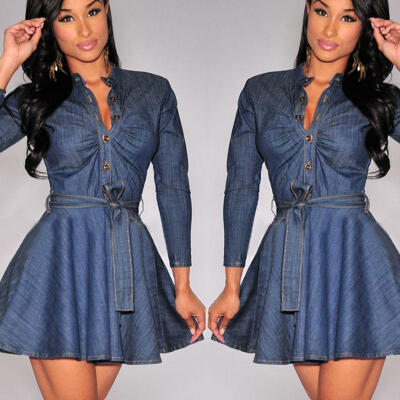 

Lady Women Long Sleeve Slim Casual Denim Jeans Party Mini Shirt Dress 6 - 18