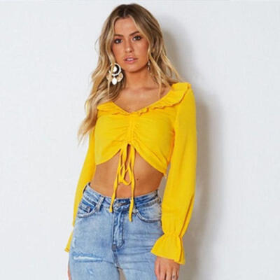 

US Fashion Women V Neck Crop Tops Oversized Casual T-Shirt Loose Blouse Pullover