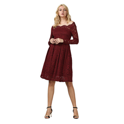 

Elegant Long Sleeve Slash Neck Hollow Out Lace Dress for Women