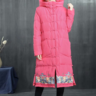 

New down jacket national wind hem embroidery retro buckle hooded long down jacket