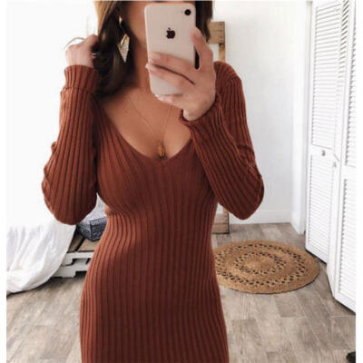 

NEW Women Autumn Winter V Neck Long Sleeve Knit Bodycon Sweater Jumper Dress