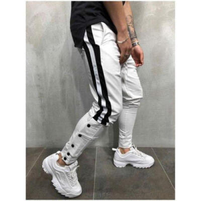 

UK Mens Stretchy Long Pants Zipper Slim Gym Joggers Lace-up Casual Trouser Slack