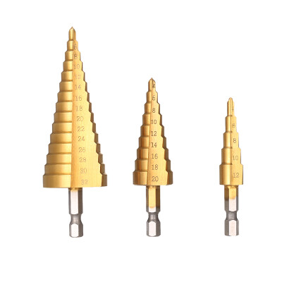 

3pcs HSS Titanium Coated Straight Flute Step Drill Bits Pagoda Drill Bit Set 4-124-204-32mm 14" Hex Shank Hole Cutter