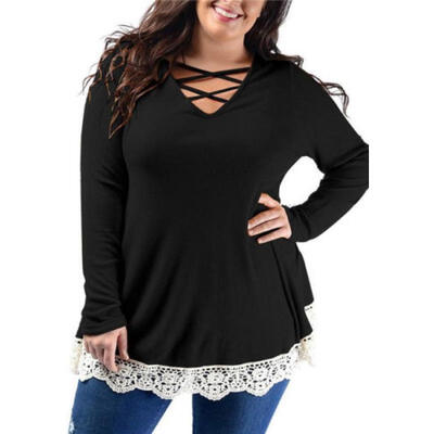 

New Women Blouse Lace up V Neck Casual Loose Long Sleeve T-Shirt Tops Plus Size