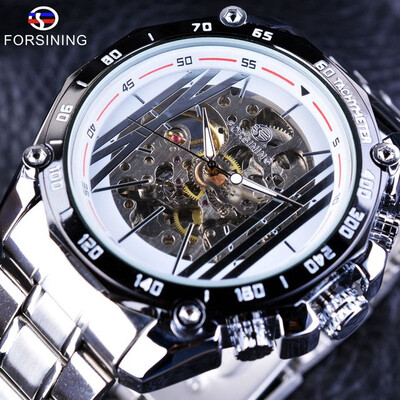 

Forsining Military Sport Design Transparent Skeleton Dial Silver Stainless Steel Mens Watches Top Brand Luxury Automatic Watches