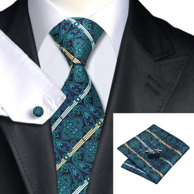 

N-0419 Vogue Men Silk Tie Set Green Paisley Necktie Handkerchief Cufflinks Set Ties For Men Formal Wedding Business wholesale