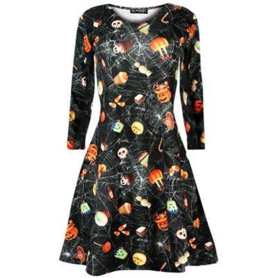 

Womens Long Sleeve Halloween Style Mini Dress Ladies Party Holiday Skater Dress