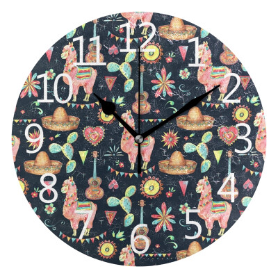 

Wall Clock Mexican Cute Llama Round Wall Clock Arabic Numerals Design