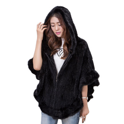 

MSMinShu Hand Knitted Mink Fur Poncho Women Real Fur Cape Hooded Coat Zipper Fashion Ladys Outwear Genuine Mink Fur Shawl