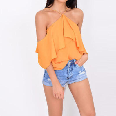 

Womens Off Shoulder Strap Chiffon T-Shirt Ladies Summer Casual Tops Blouse Sexy