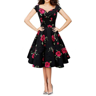 

Women Vintage Dress Rockabilly Swing Retro Rose Floral Ball Gown Party Prom Plus Size Cotton Dress