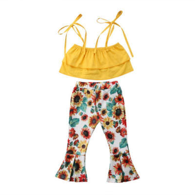 

2018 Kids Baby Girl Tops T-shirt Sunfloral Wide Leg Pants Outfits Clothes Set