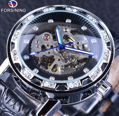 

Forsining Diamond Display Casual Watch Fashion Open Work Watch Men Top Brand Mechanical Skeleton Clock Male Blue Luminous Hands