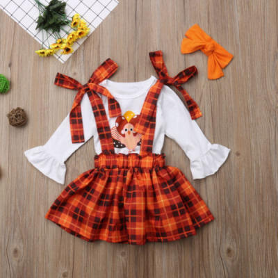 

3PCS Toddler Kids Baby Girls Turkey Outfits Cotton Tops ShirtPlaid Strap Skirts