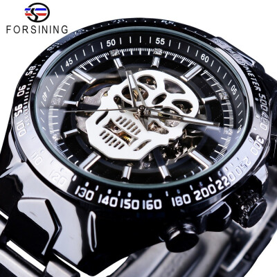 

Forsining Steampunk Series Black Stainless Steel Fashion White Luminous Skull Design Mens Automatic Watches Sport Clock