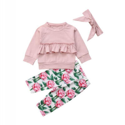 

Toddler Kids Baby Girl Ruffle Solid Tops Pants Leggings 3Pcs Set Outfits Clothes