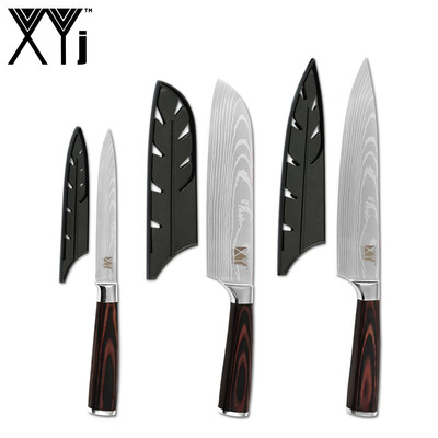 

XYj Cooking Stainless Steel 3PCS Knives Set Free Covers Damascus Pattern Blade Chef Knife
