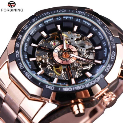 

Forsining Sport Racing Series Skeleton Stainless Steel Black Golden Dial Top Brand Luxury Watches Men Automatic Watch Clock Men