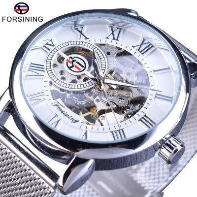 

Forsining Hand Winding Mechanical Watch Fashion Design Silver Stainless Steel Band Casual Wrist Watch Luminous Hands