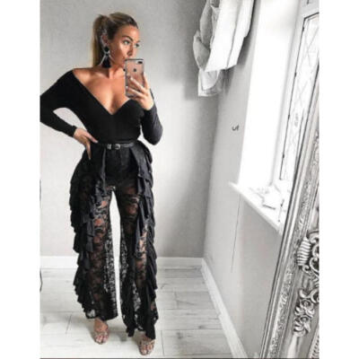 

UK Women High Waist See-Through Lace Mesh Summer Beach Long Pants Trousers