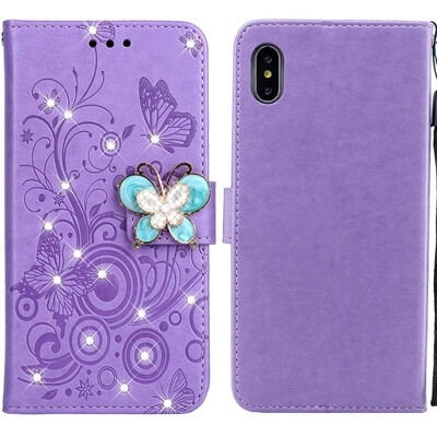 

MOONCASE Apple iPhone XS Butterfly Rhinestone Embossed Leather Case - Purple