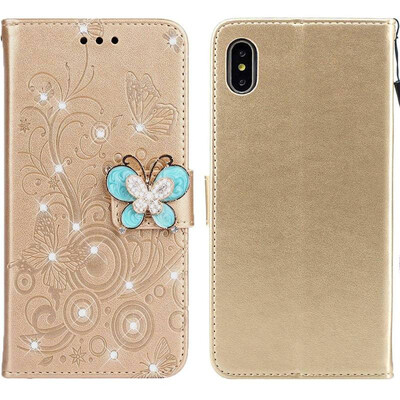 

MOONCASE Apple iPhone XS Butterfly Rhinestone Embossed Leather Case - Gold
