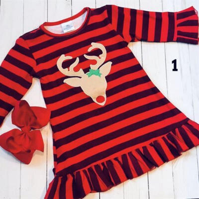 

AU Xmas Toddler Kids Baby Girl Striped Dress Pageant Christmas Deer Tutu Dresses