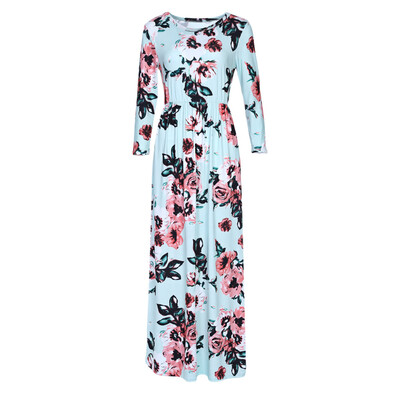 

Trendy Round Collar 34 Sleeve Floral Print Pocket Women Maxi Dress