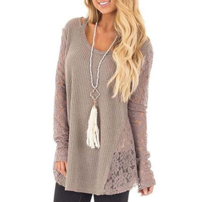

Womens Fashion Long Sleeve Sweater O-Neck Lace Patchwork Casual Loose Sweater