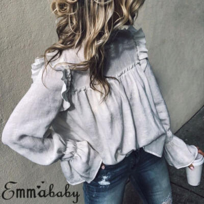 

Women Ruffles Long Sleeve Chiffon T-Shirt Tops Loose Casual Ladies Blouse Shirt