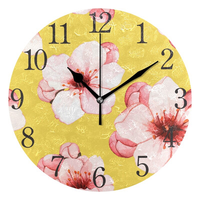 

Wall Clock Arabic Numerals Design Pink Floral Under Yellow Background Round