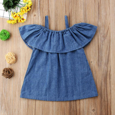 

Toddler Baby Kids Girls Off Shoulder Denim Flower Casual Summer Dress Sundress