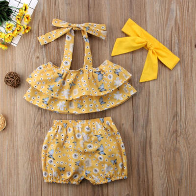 

US Toddler Summer Baby Girls 3Pc Yellow Flower Dot Butterfly TopShorts Outfits