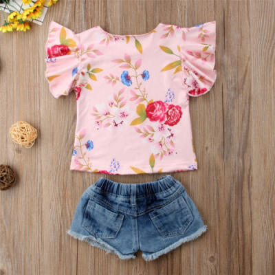 

CANIS Casual Kids Baby Girls Floral Tops T-shirt Denim Hot Pants Outfits Clothes