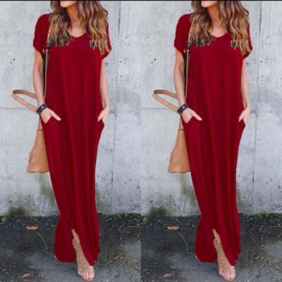 

Women Oversized Summer Loose Short Sleeve Soild Casual Long Maxi Dress Plus Size