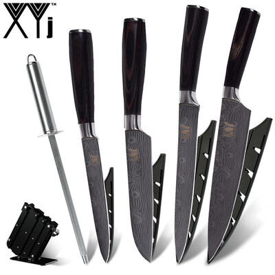 

XYj Stainless Steel Kitchen Knife 5" 5" 8" 8" inch Damascus Veins Blade Kitchen Knife Set With Black Knife Holder Sharpener Bar