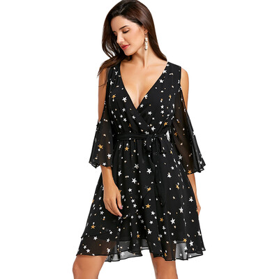 

Plunging Neckline Cold Shoulder Star Print Dress