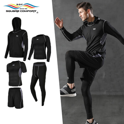 

Star plus square exercise suit sports suit mens sportswear tights fitness suit basketball quick-drying running training suit PJ502 five-piece gray L