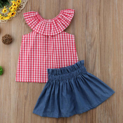 

2PCS Kids Baby Girls Outfits Clothes Ruffle Plaids TopsShort Denim Skirt Set