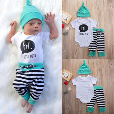 

3Pcs Newborn Baby Boy Girl Rompers Striped Pants Leggings Hat Outfit Set Clothes