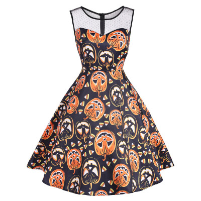 

Halloween Pumpkin Mesh Yoke Mini Dress