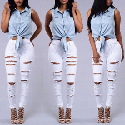 

Womens Denim Skinny Ripped Pants High Waist Stretch Jeans Slim Pencil Trousers