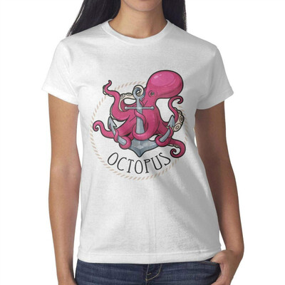 

Red Walking Octopus Art Young Women White Tshirt Cotton Leisure T-Shirts
