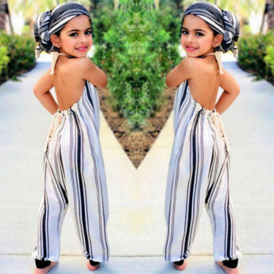 

UK Newborn Kids Baby Girl Halter Sleeveless Stripe Romper Sunsuit Clothes Outfit