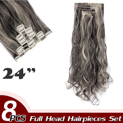 

17" Curly Hair Full Head Clip in Hair Extensions Synthetic 8 Piece 18 Clips Hairpiece Long Wave Trendy Design for Women