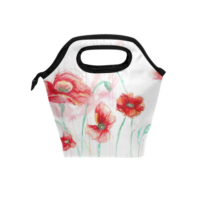 

Insulated Lunch Tote Bag Red Flower Travel Picnic Lunch Handbags Portable Zipper Lunch Bag Box