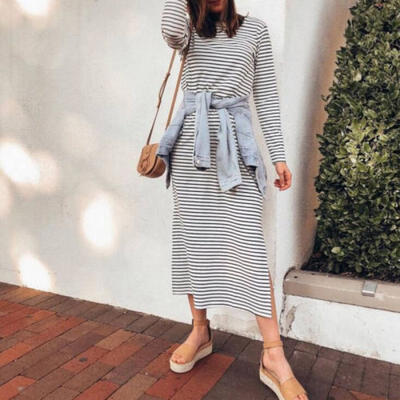 

Casual Women Long Maxi Dress Round Neck Stripe Printing 34 Sleeve Party Dress