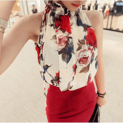 

Sexy Womens Chiffon Sleeveless Shirt Ruffles Floral Casual Tops Loose Blouse